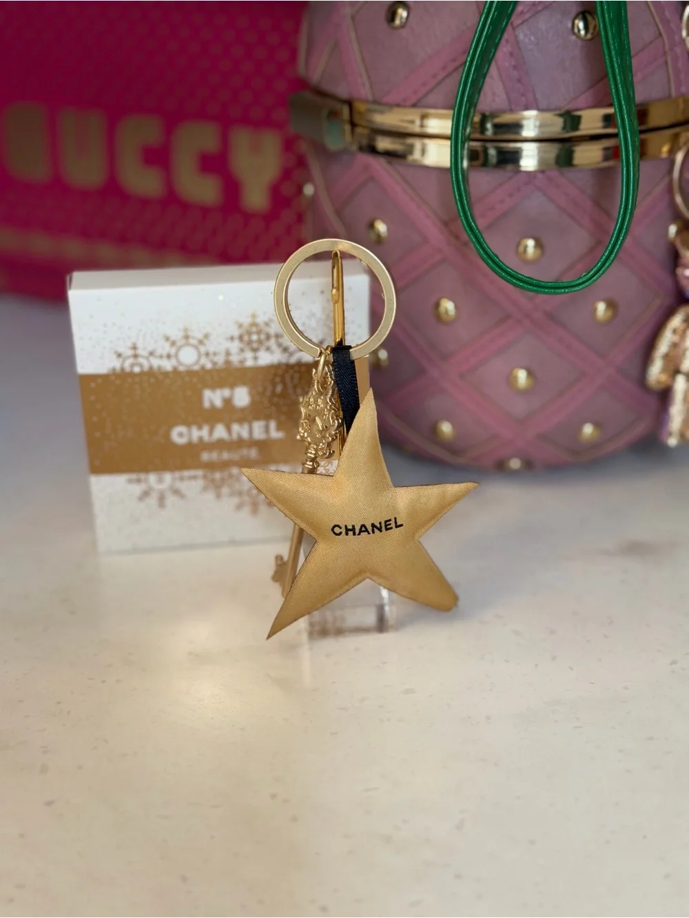 Gold Star Key Charm with Black Ribbon in Box